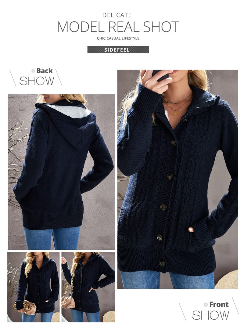 Sidefeel Women's Cardigan Hooded Fleece Lined Jackets Winter Cable Knit Sweater Coat Large Navy - Image 4